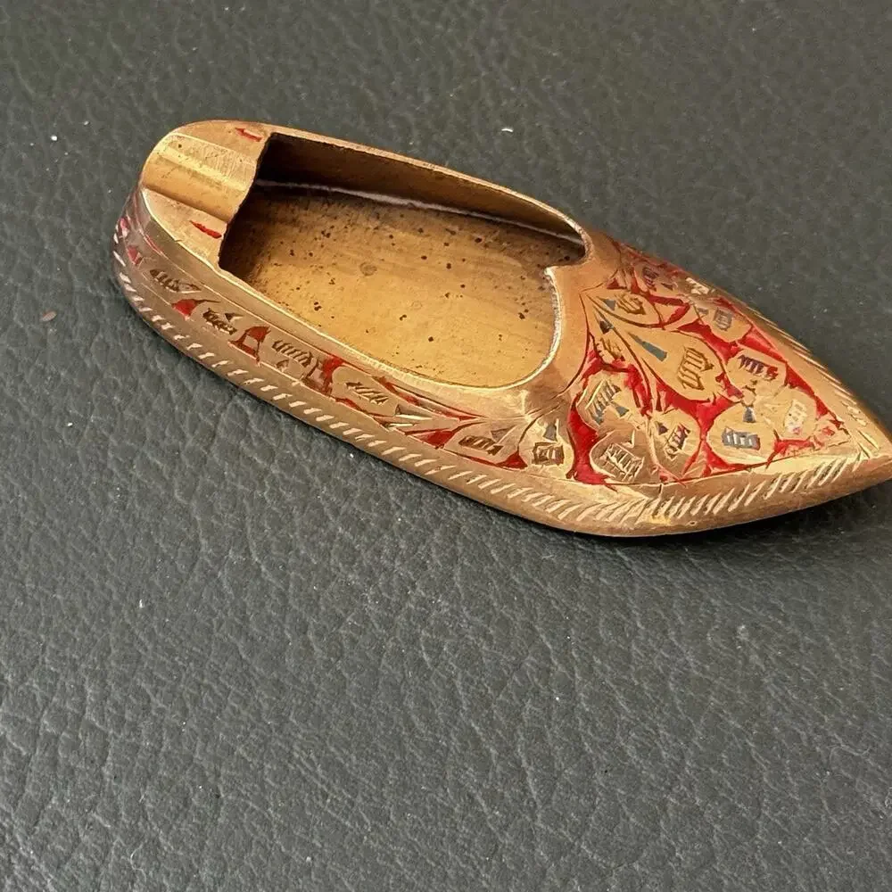 Vintage Brass Shoe Ashtray Hand Etched Red Slipper India Genie Aladdin